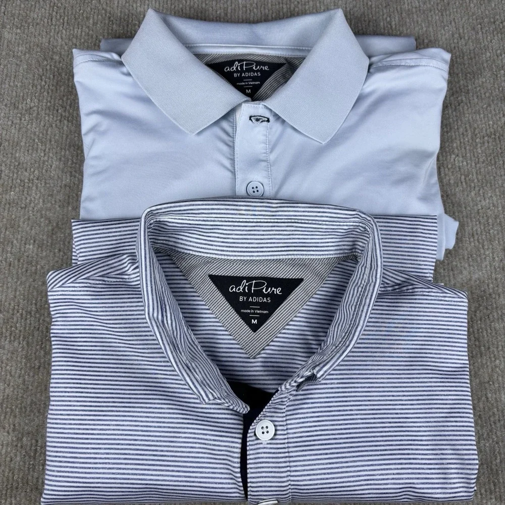 Lot of 2 Adidas AdiPure Men's M Blue Striped & Solid Golf Polo Shirts New Albany